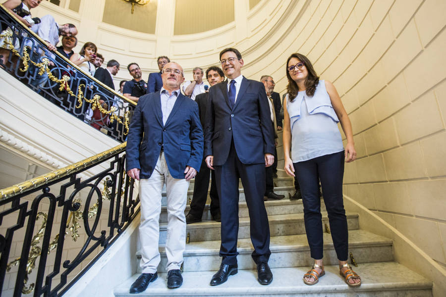 28-06-2015 Montiel,Puig y Oltra- la imagen deltripartito- en la Investidura de Ximo Puig en las Cortes Valencianas