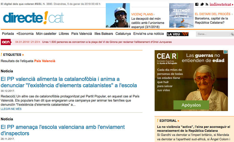 La página de "País Valencià" de 'Directe.cat'. el pasado 5 de enero.