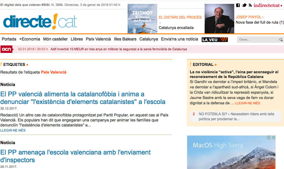 2 de enero: Últimas noticias de la sección 'País Valencià' de Directe.cat, subvencionado con 24.086 euros.