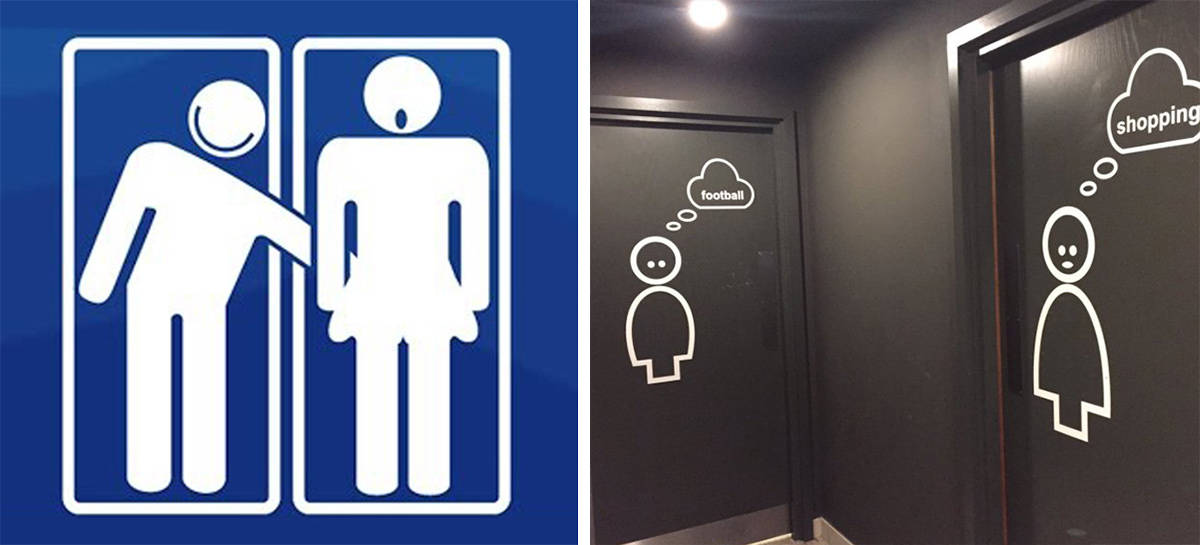 Derecha: Tweet de @cassiechadmoran denunciando la señalización de tintes sexistas de los baños de los hoteles Pentahotels.