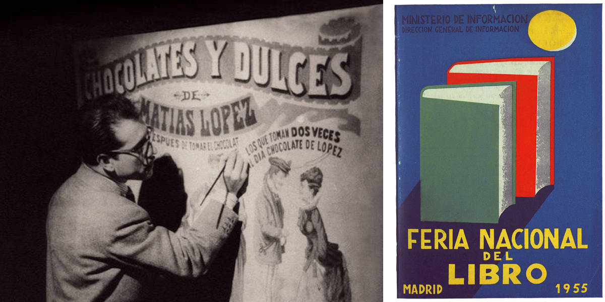 López Vázquez en sus años de dibujante y su cartel para la Feria del Libro de Madrid de 1955.