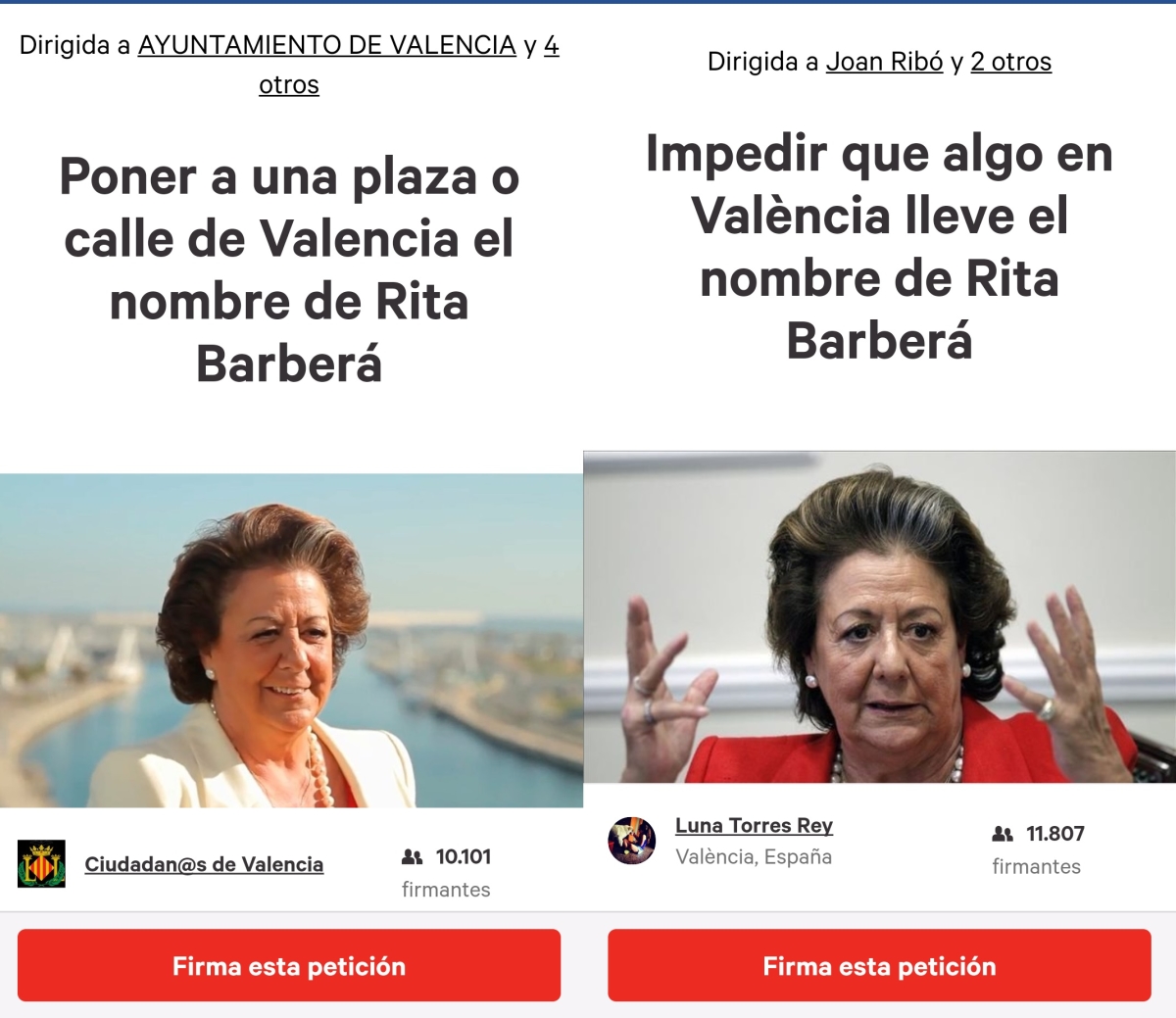 Dos peticions oposades sobre Rita Barberà en change.org