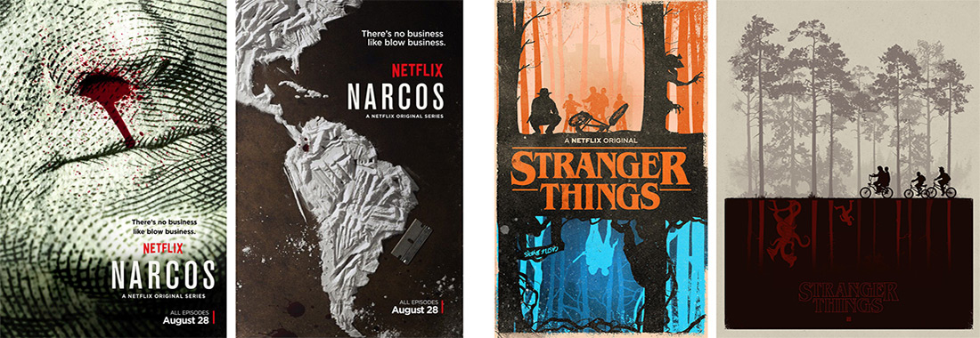 Otros carteles oficiales de Netflix para la segunda temporada de Narcos y fan posters de J Caleb y de Matt Ferguson sobre Stranger Things