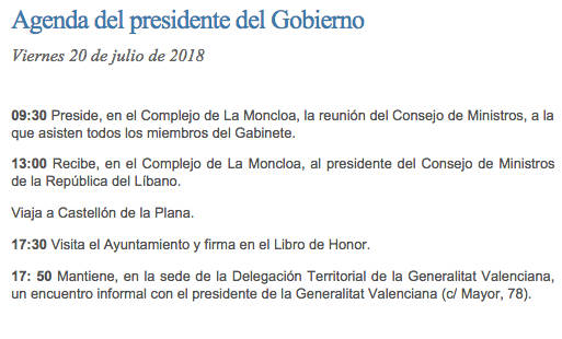 Agenda oficial de Sánchez, que no incluía la visita al FIB.